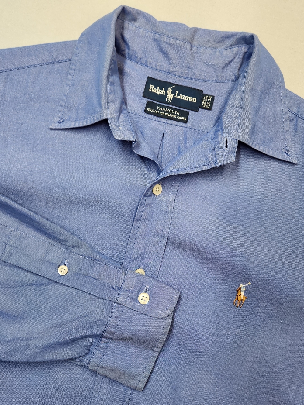Vtg 90s Ralph Lauren Yarmouth Pinpoint Oxford Shirt Blue Mens 15.5 34 Pony Jean